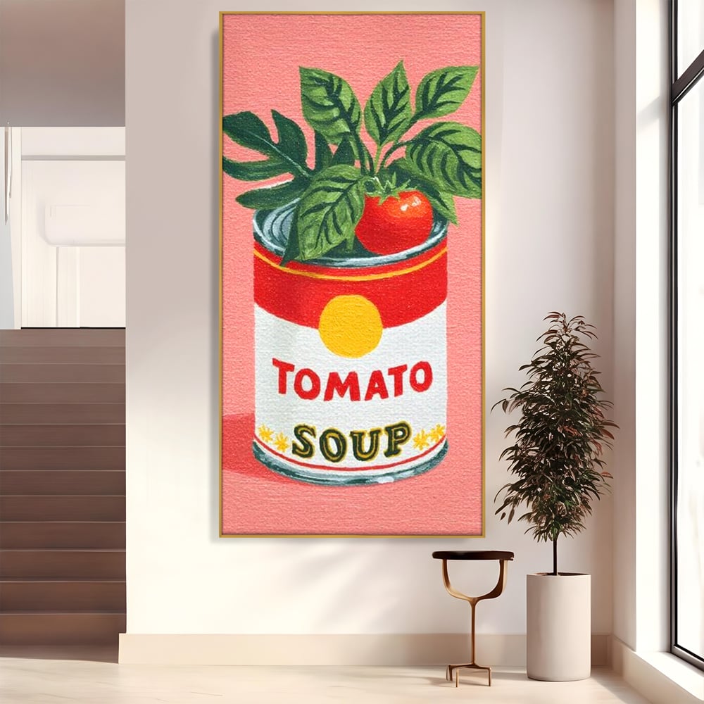 Tablou canvas cu pictura cu conserva de supa si rosie, in rama de aluminiu auriu